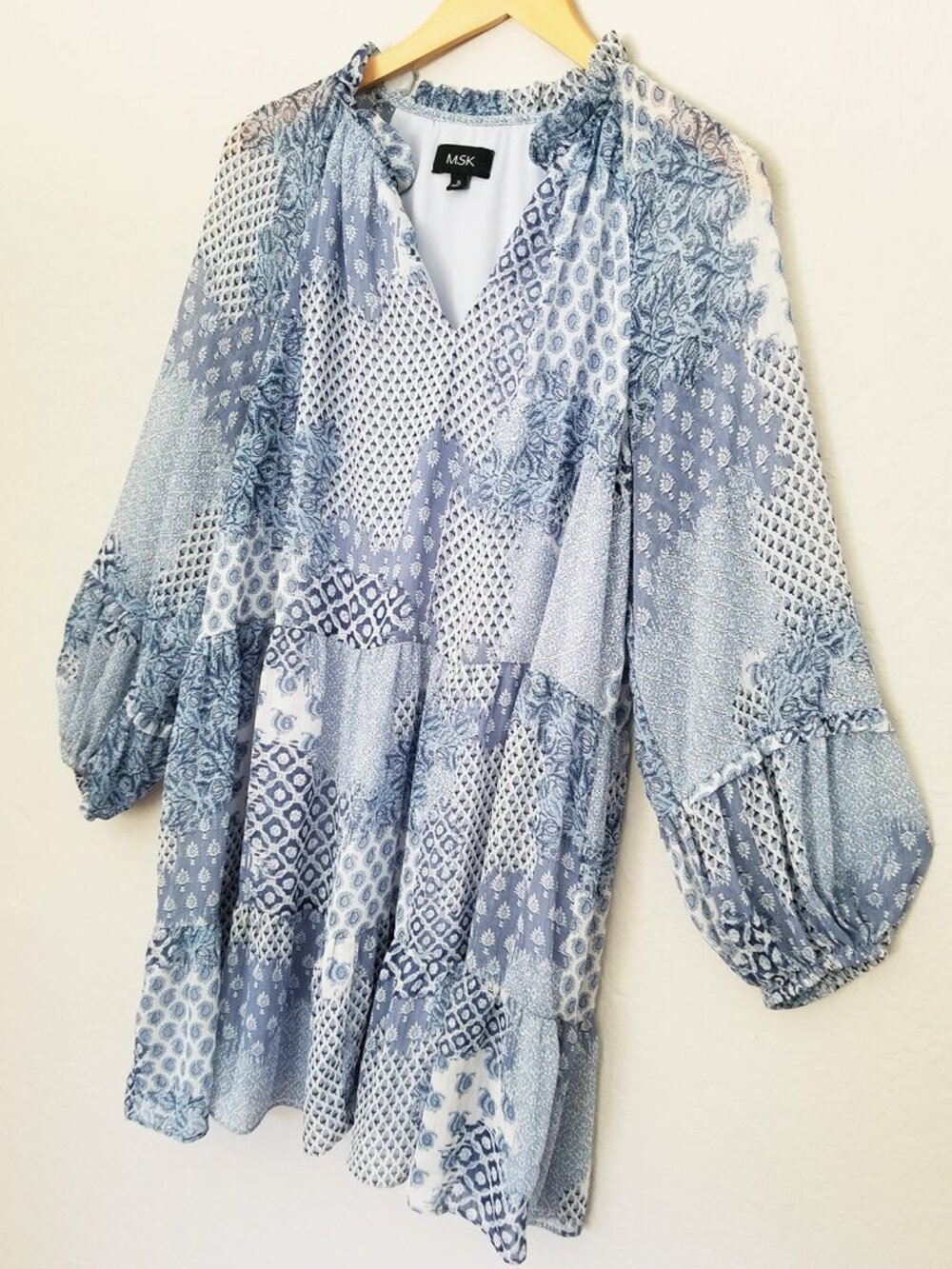 MSK Ruffle V Neck Baby Doll Dress XL Chiffon Patchwork Blue Shimmer Boho Cottage - Picture 6 of 15